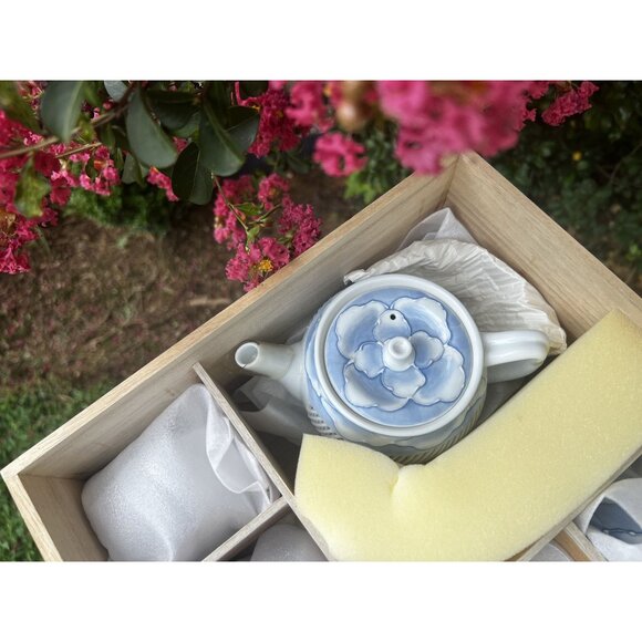 Japanese Kyusu Teapot & 5 Cups Set w/ Box – Hand-Painted Porcelain Floral – MINT - Picture 2 of 15